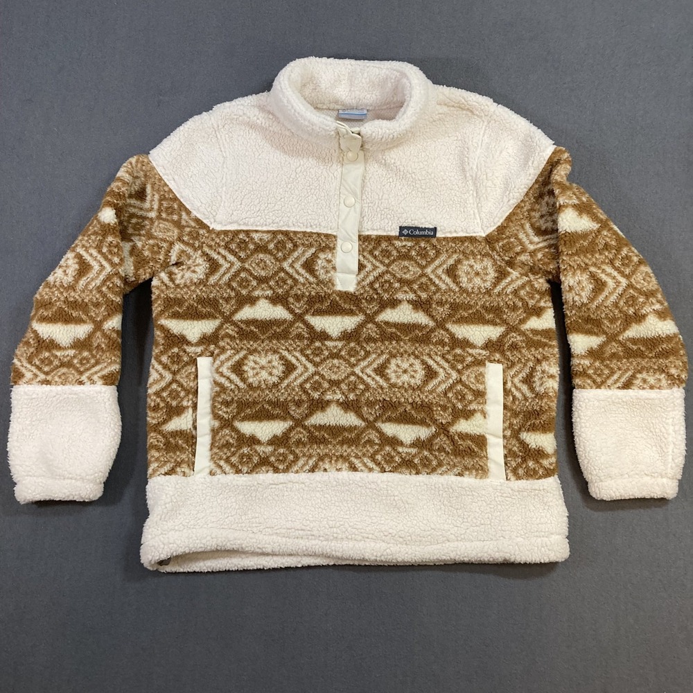 Columbia Women's L Sherpa Fleece Pullover Jacket Cream Fair Isle Aztec Cozy Warm
